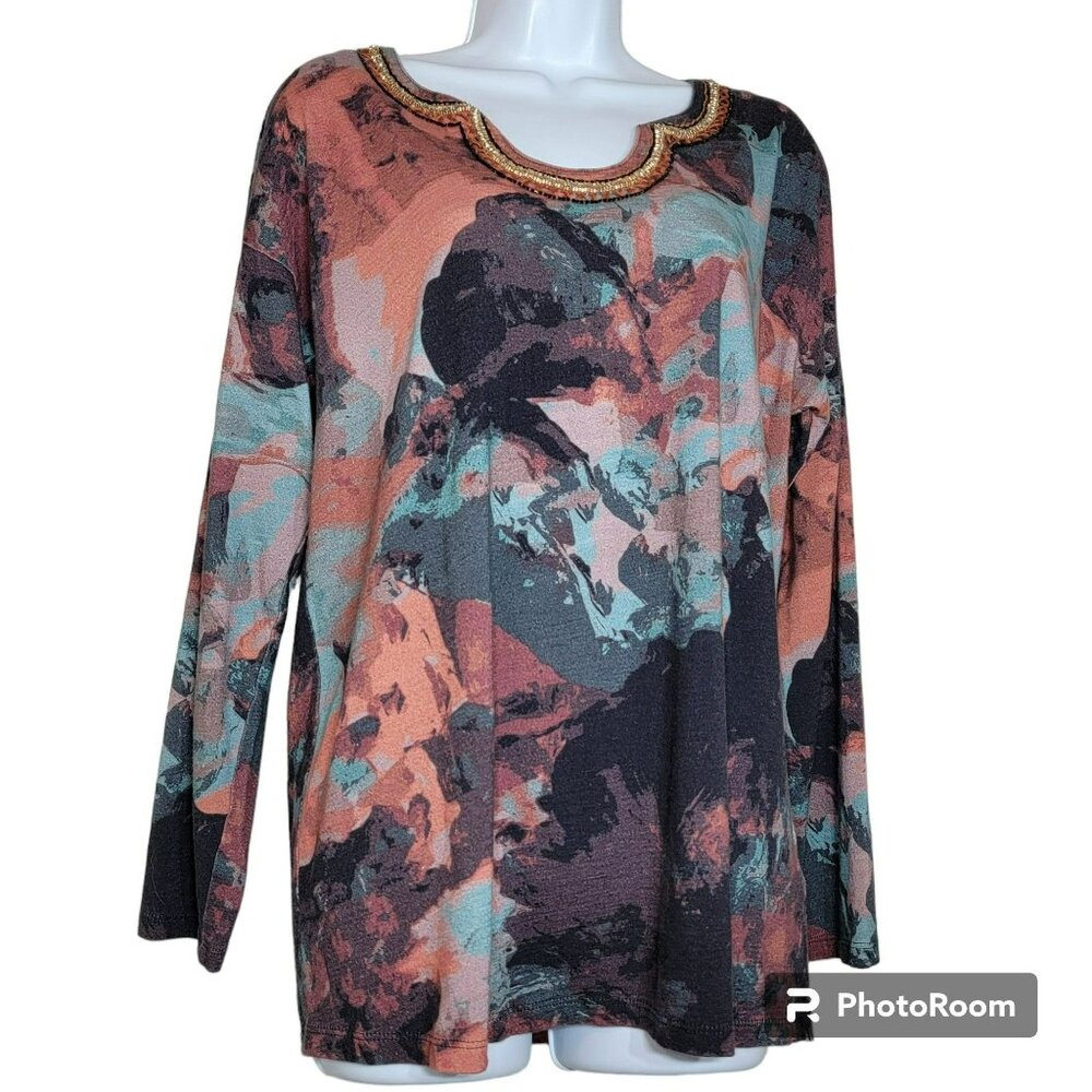 Soft Surroundings Shirt, Women M, Abstract Desert Tones, Embellished Collar, EUC